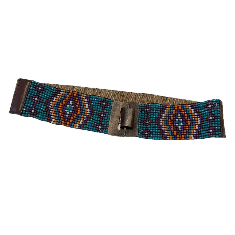 Turquoise‎ Beaded Stretch Belt Wooden Interlocking Buckle Bohemian Style